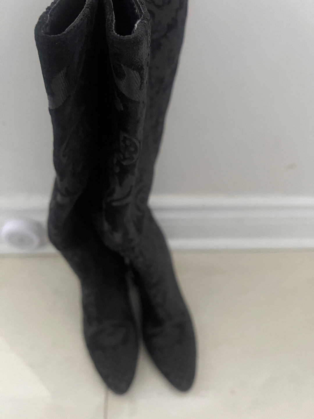 Black Velvet Knee-High Boots with Embroidered Pattern - photo 2