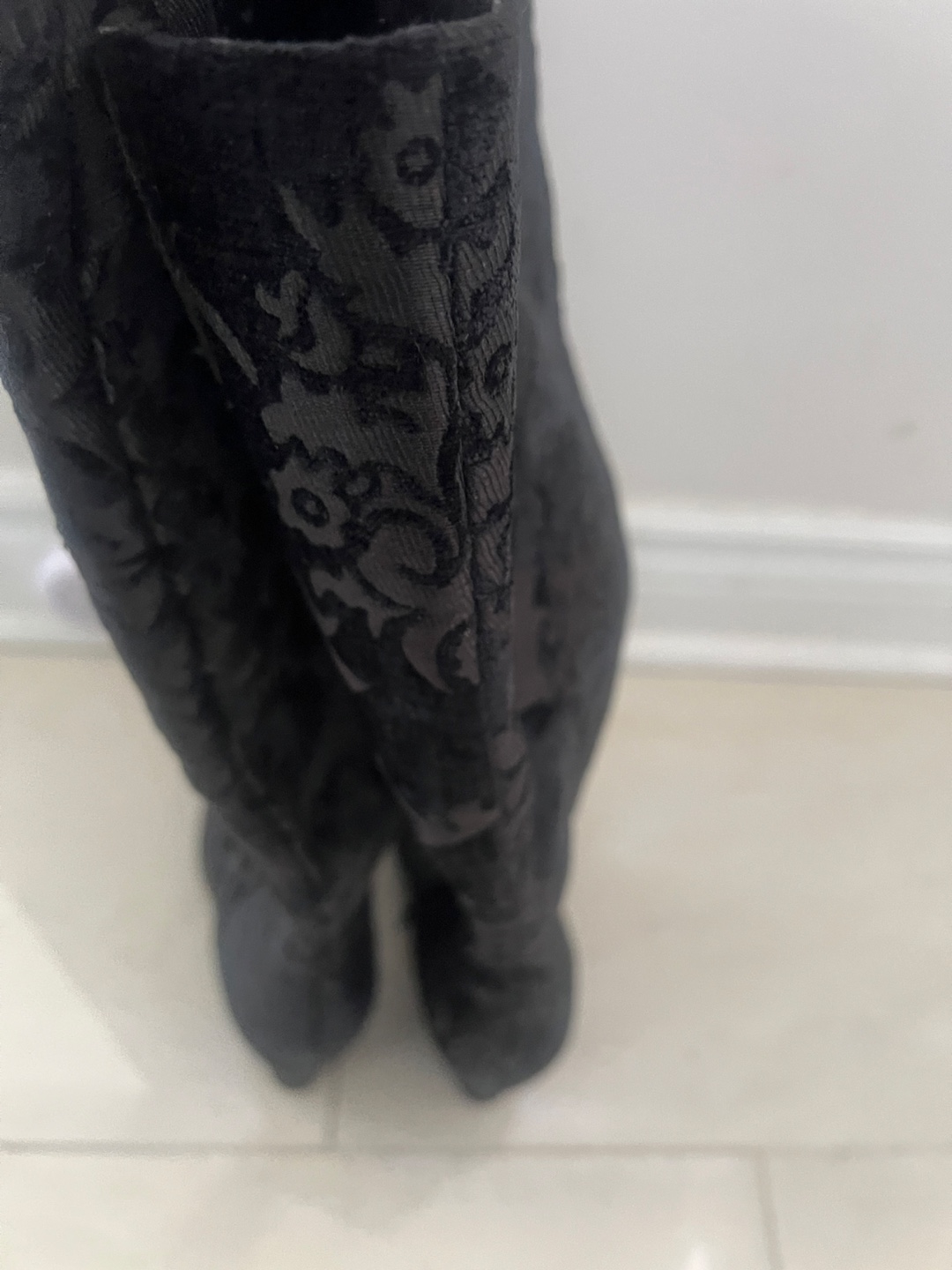 Black Velvet Knee-High Boots with Embroidered Pattern