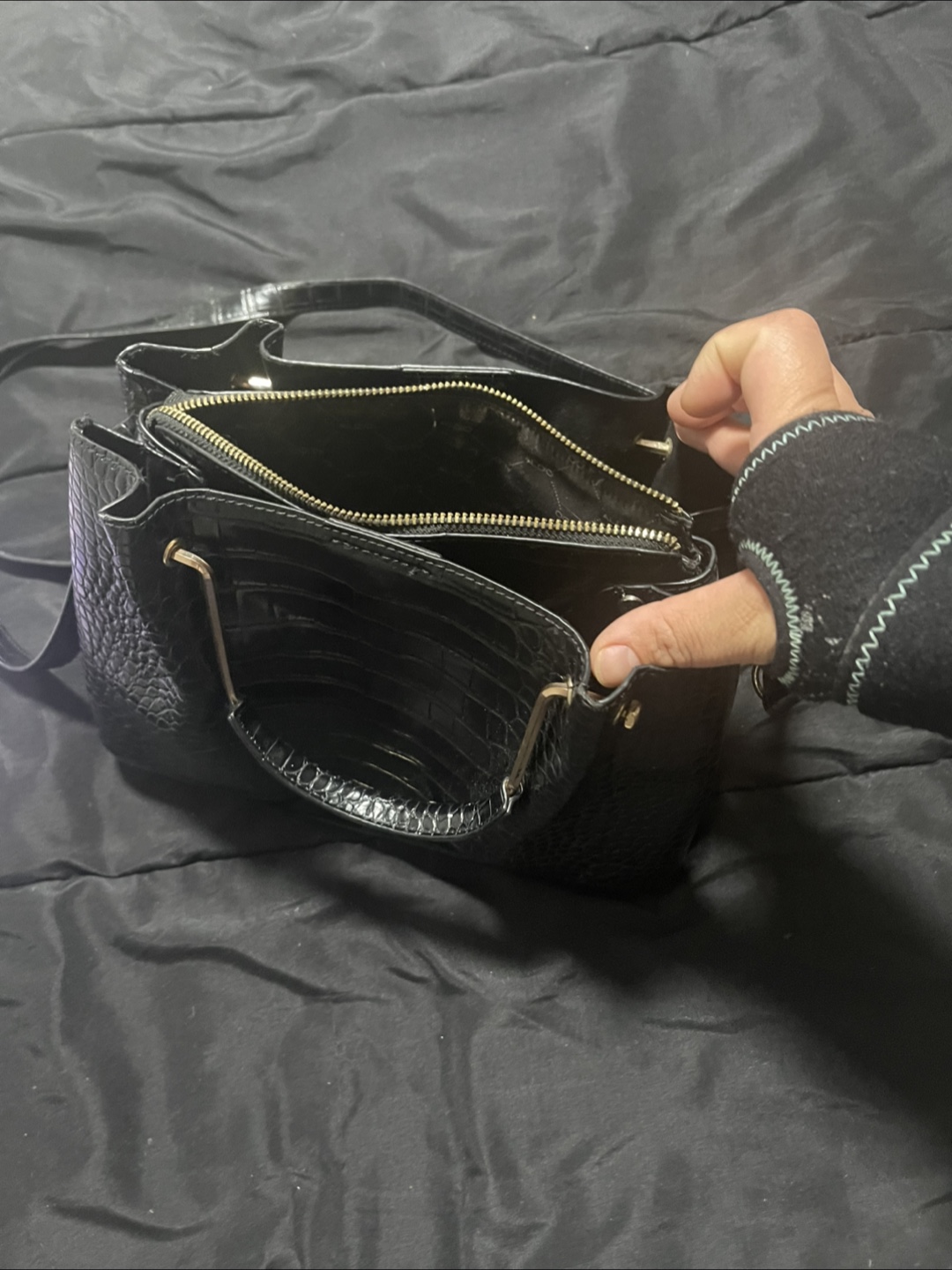 Black Crocodile-Embossed Handbag - photo 2
