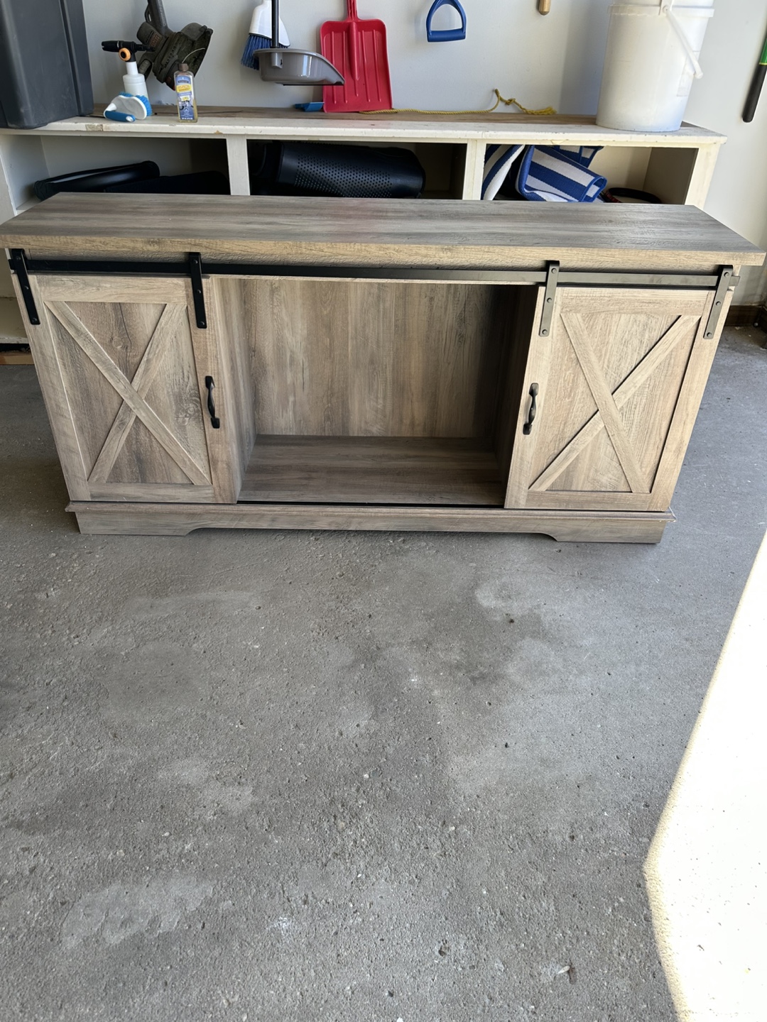Rustic Grey TV Stand with Sliding Barn Doors