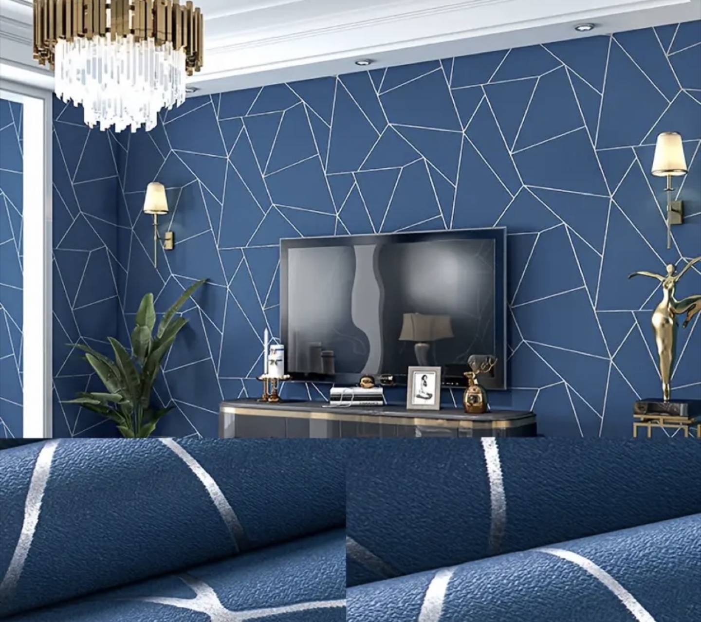 Navy Blue and Silver Geometric Wallpaper Roll