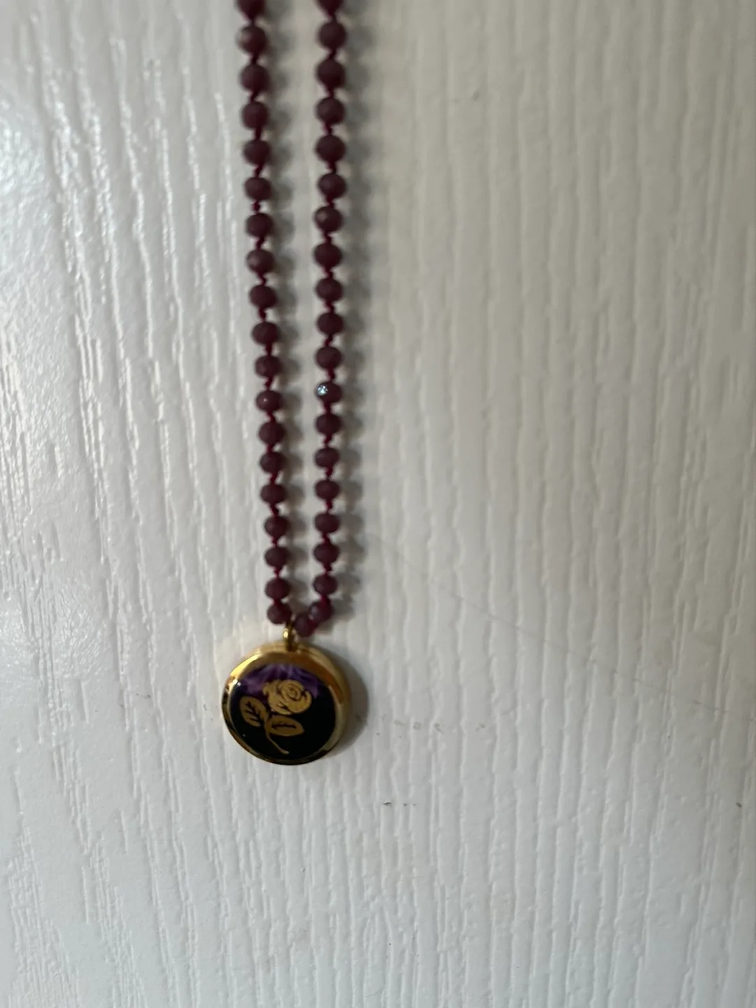 Purple Beaded Necklace with Gold Rose Pendant thumbnail