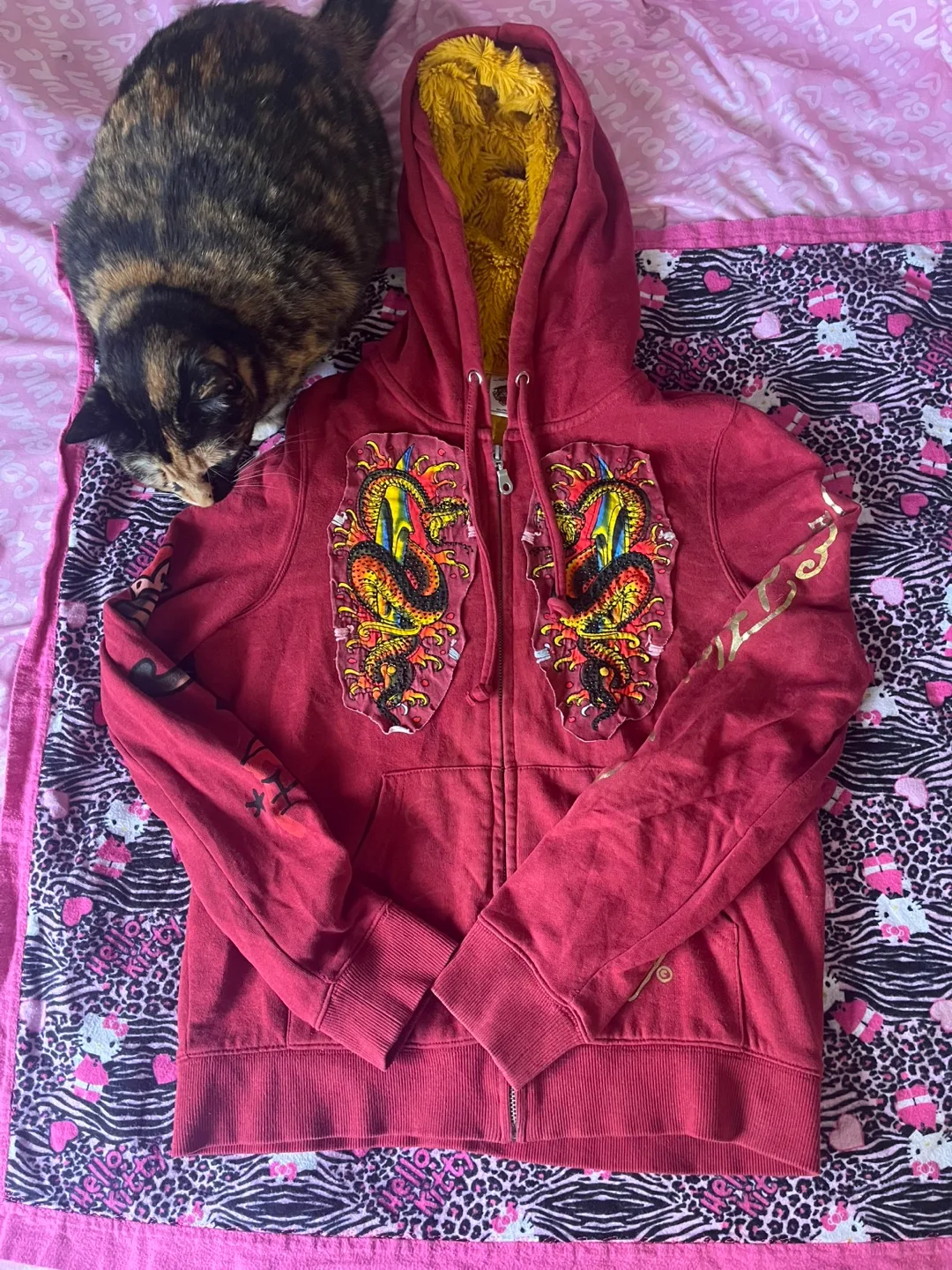 Ed Hardy Burgundy Zip-Up Hoodie Size Medium thumbnail