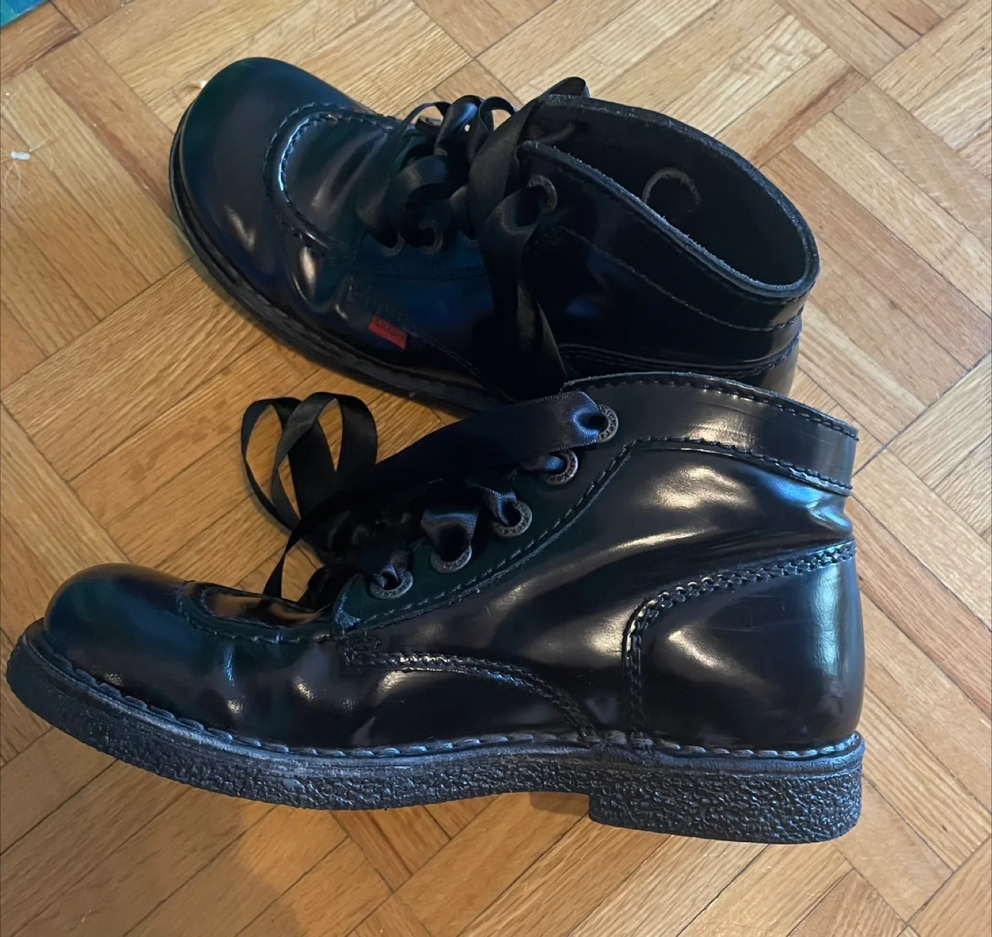 Kickers Black Patent Leather Boots with Satin Ribbons thumbnail