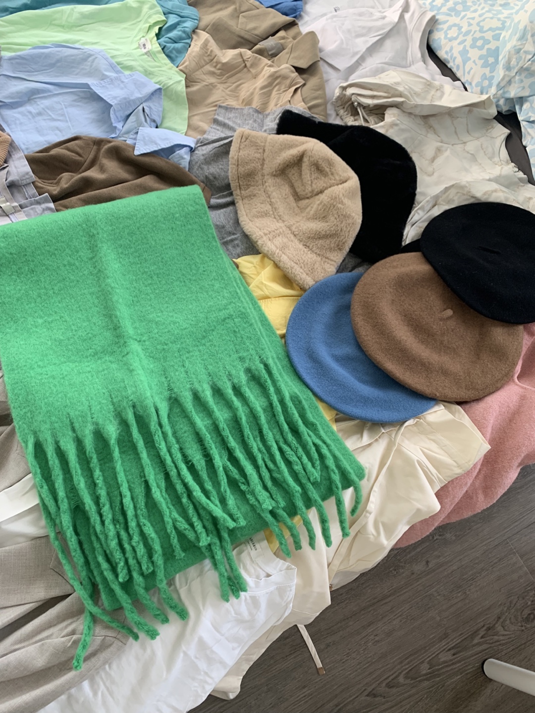 Green fuzzy fringe scarf and hats
