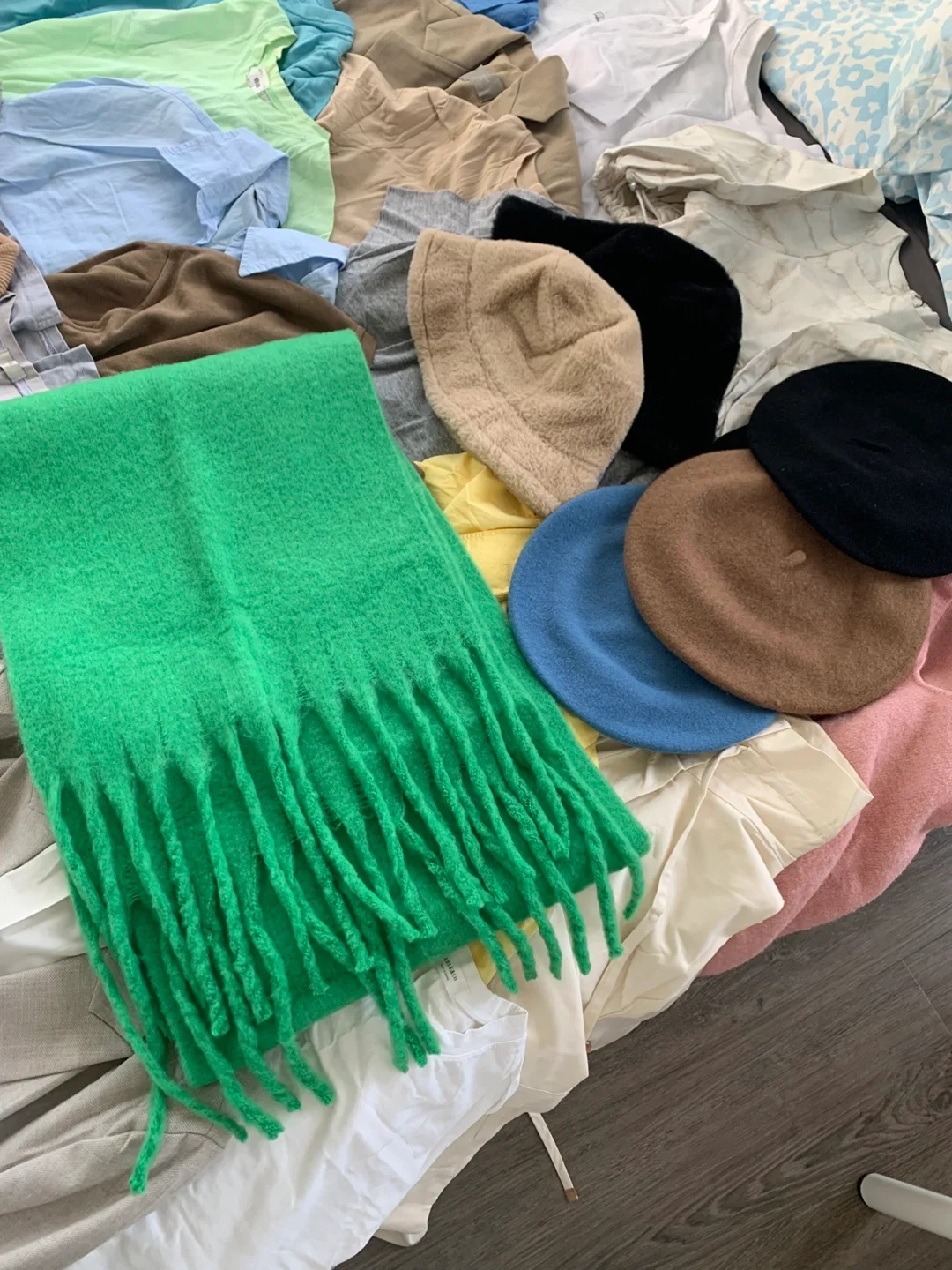 Green fuzzy fringe scarf and hats