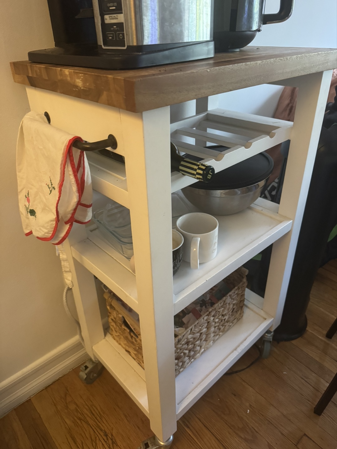 White Kitchen Cart with Butcher Block Top
