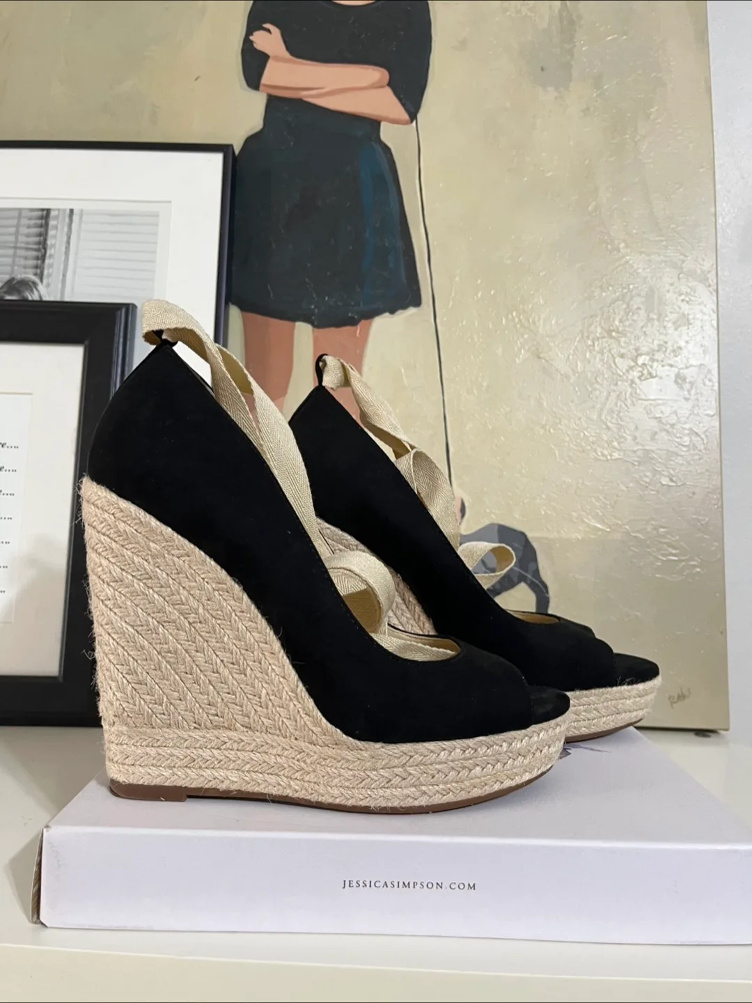 Jessica Simpson Black Wedge Espadrille Sandals thumbnail