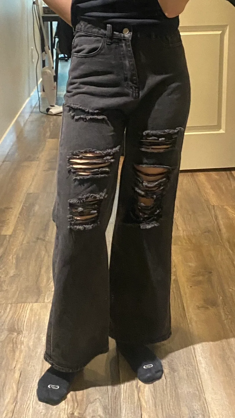 Black Distressed Wide Leg Jeans image indicator(3)