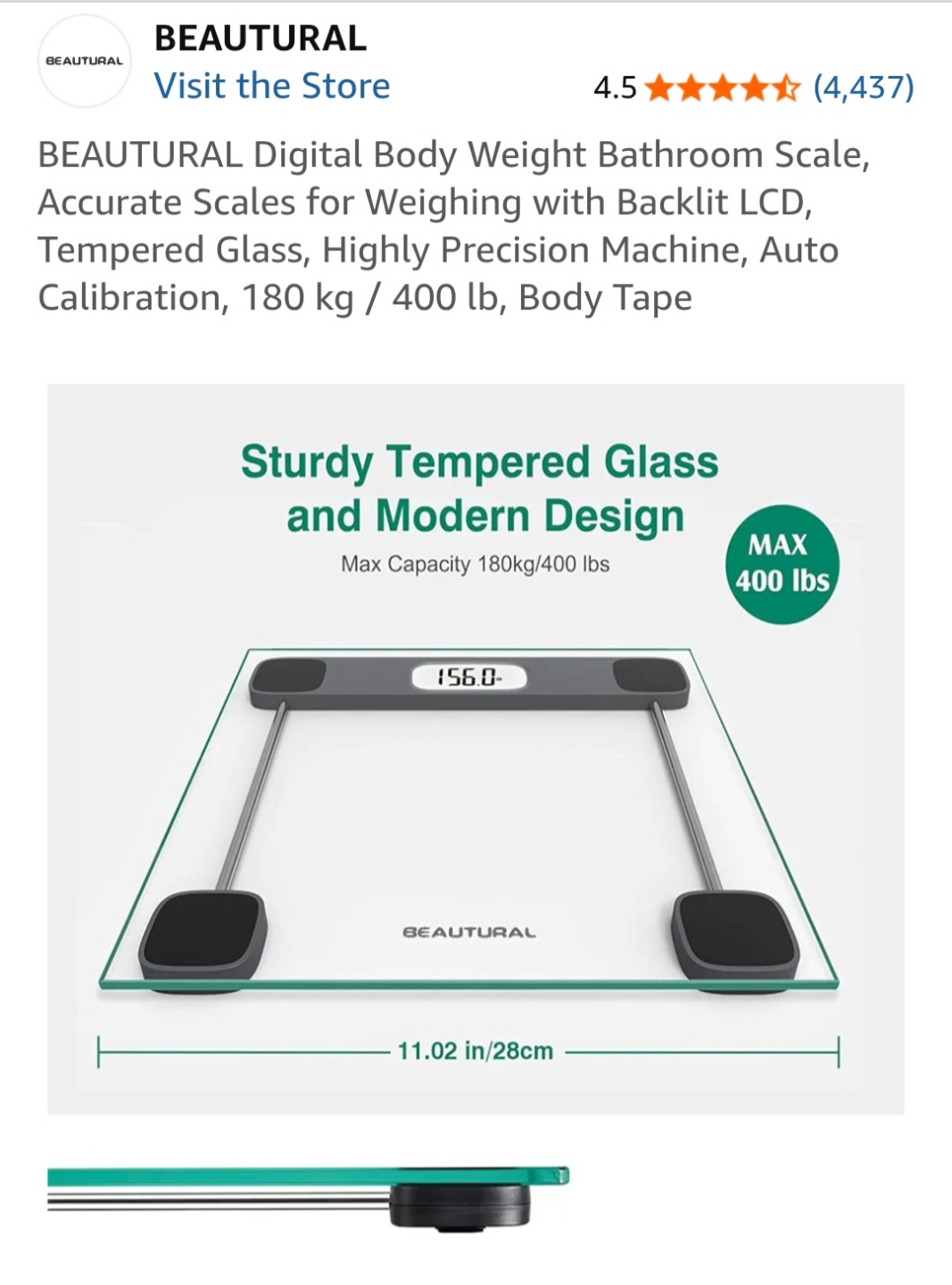 BEAUTURAL Digital Bathroom Scale - 400lb Capacity