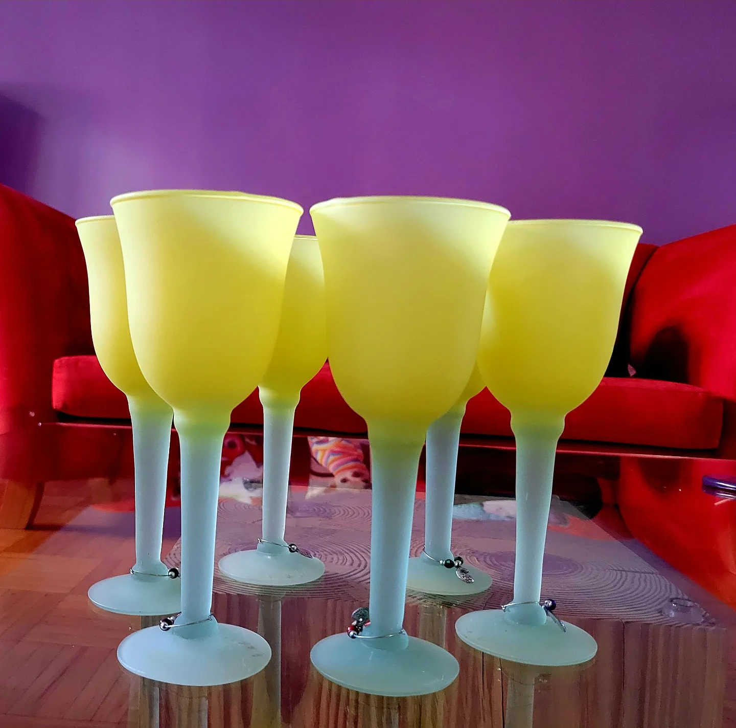 Set of six vintage tulip frosted wine glasses thumbnail