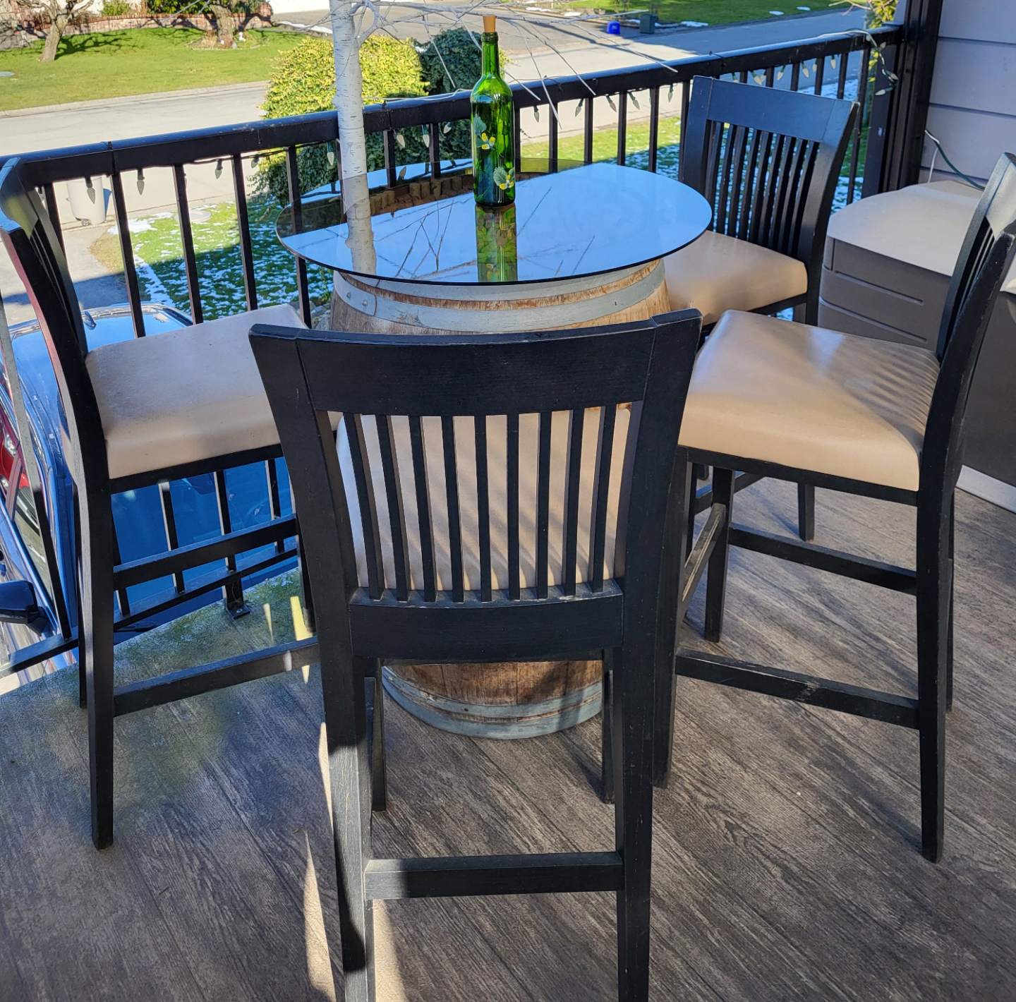 Wine Barrel Patio Set - 4 Stools & Glass Top Table