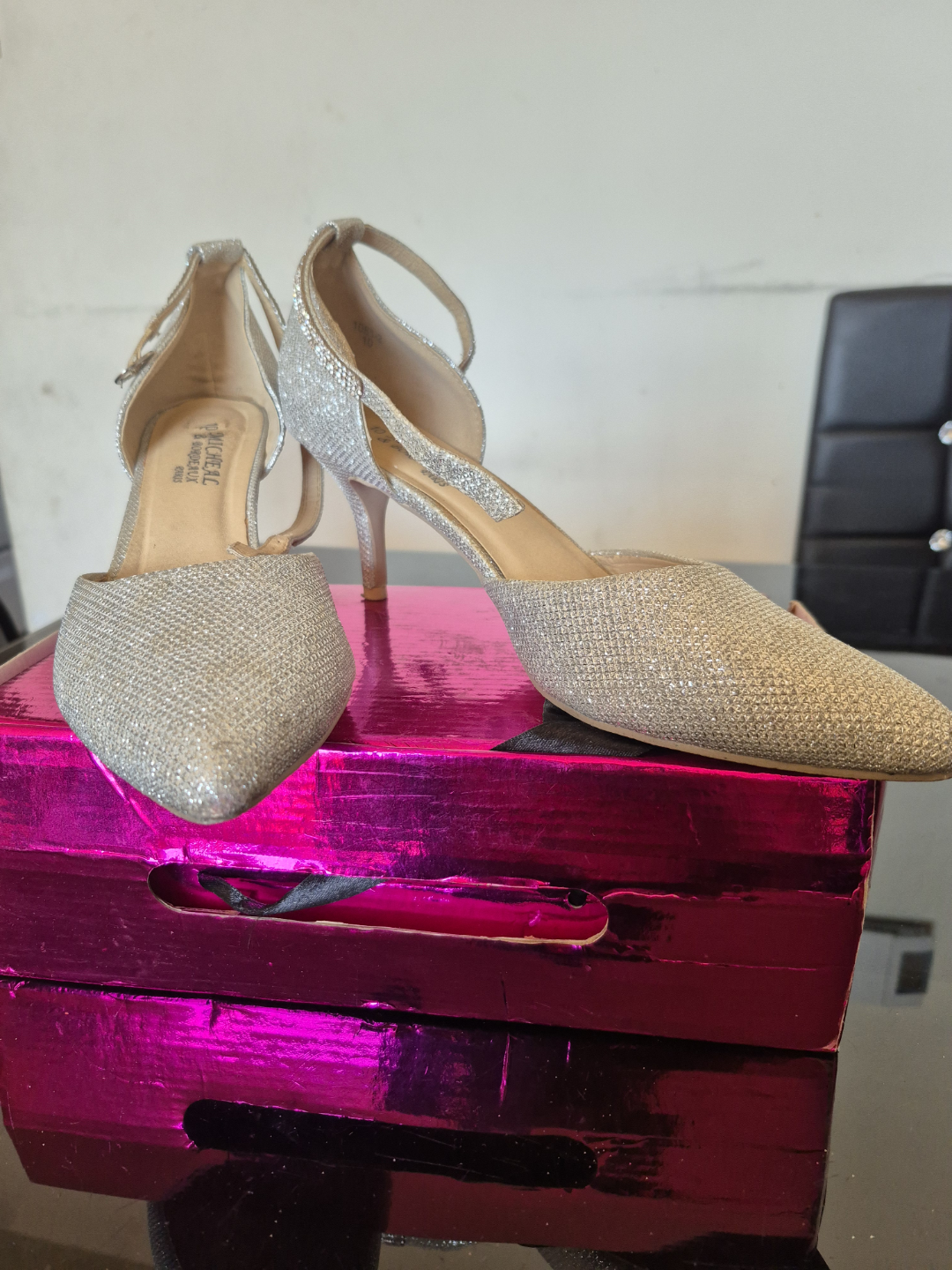 Silver Glitter Ankle Strap Heels - Size 10