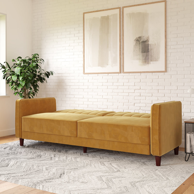 Mustard Yellow Velvet Convertible Sofa 81.5” - Stylish & Comfy - photo 2