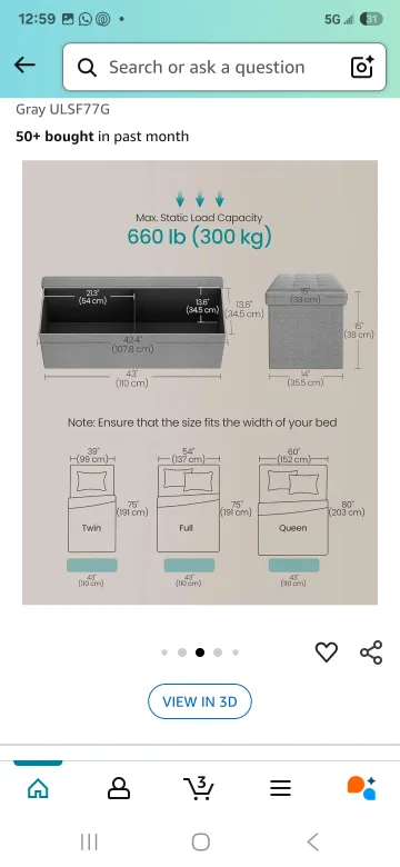 SONGMICS 110cm Folding Storage Ottoman Bench - Light Gray image indicator(3)