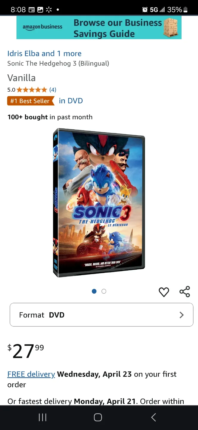 Sonic The Hedgehog 3 (Bilingual) New Sealed DVD image indicator(2)