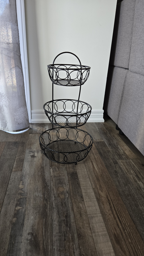Three-Tiered Black Wire Fruit Bowl Stand