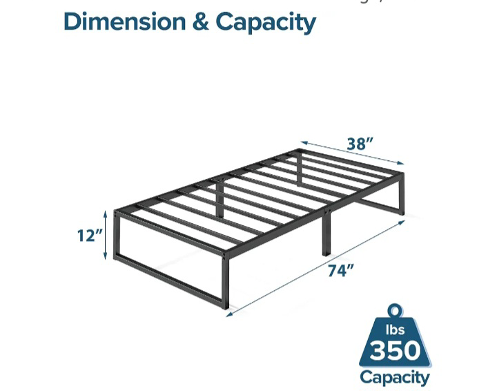 Metal Twin Bed Frame - 74" x 38" x 12"