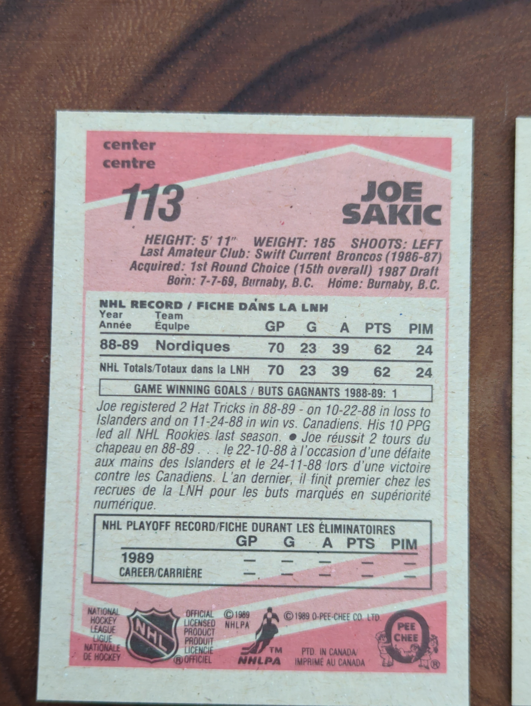 1989 O-Pee-Chee Joe Sakic Quebec Nordiques Card - photo 5