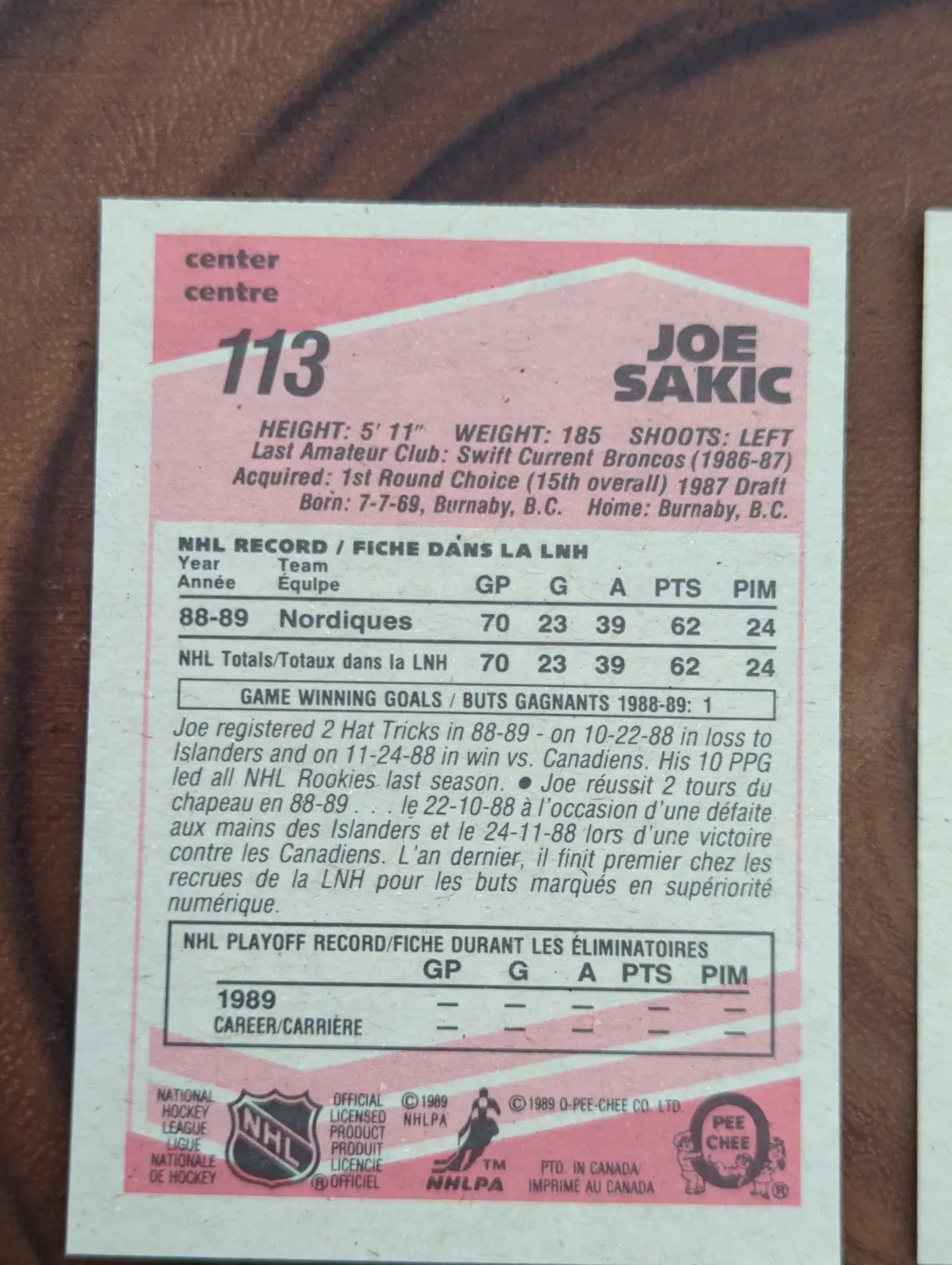 1989 O-Pee-Chee Joe Sakic Quebec Nordiques Card image indicator(5)