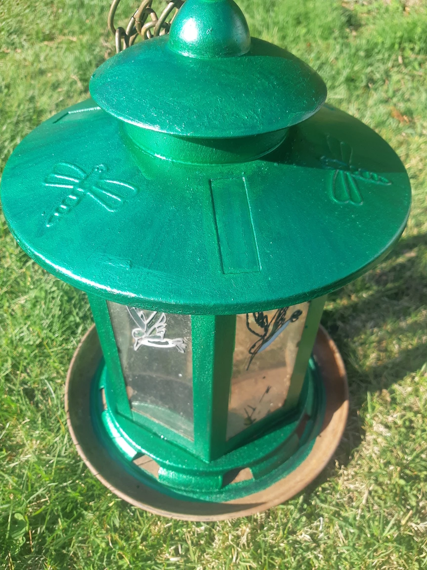 Vintage Cast Iron Lantern & Green Metal Bird Feeder