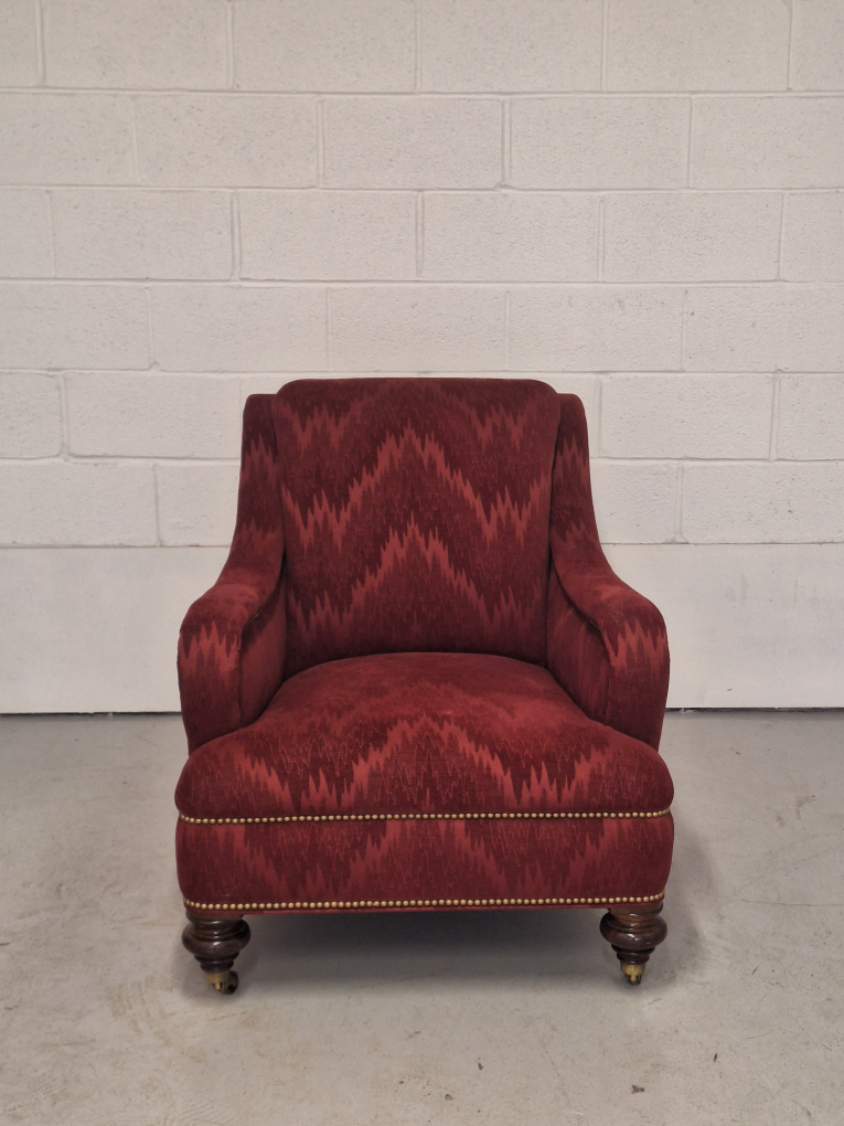 Plush Red Patterned Armchair w/Front Wheels