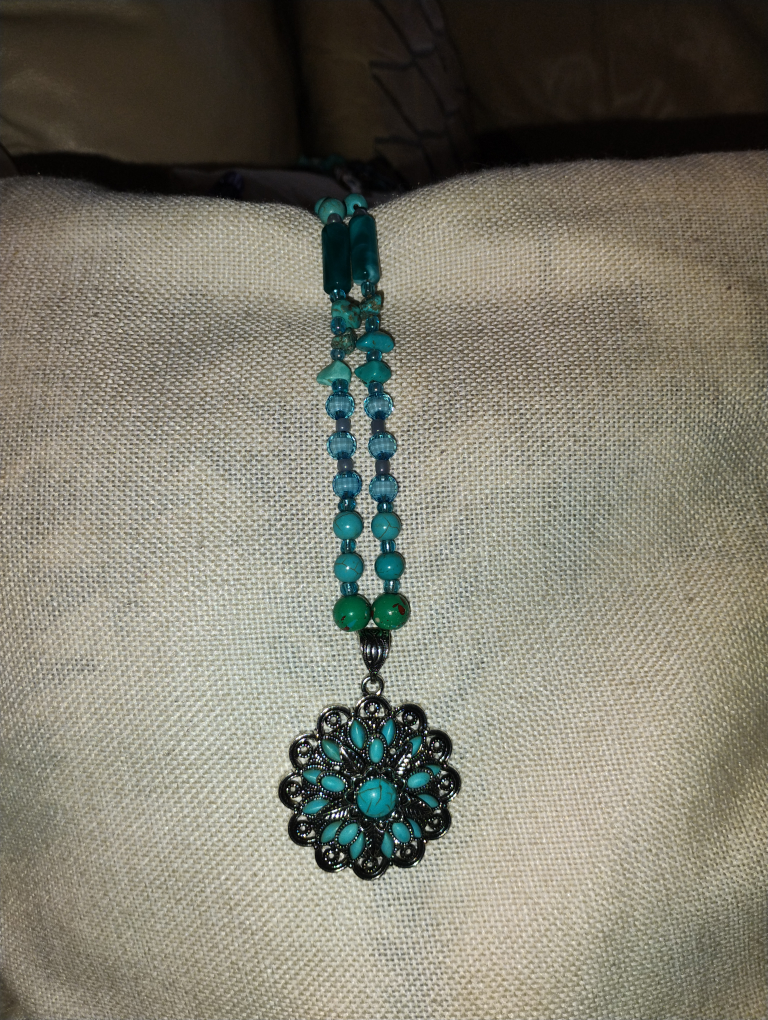 Beaded Turquoise Necklace with Floral Pendant