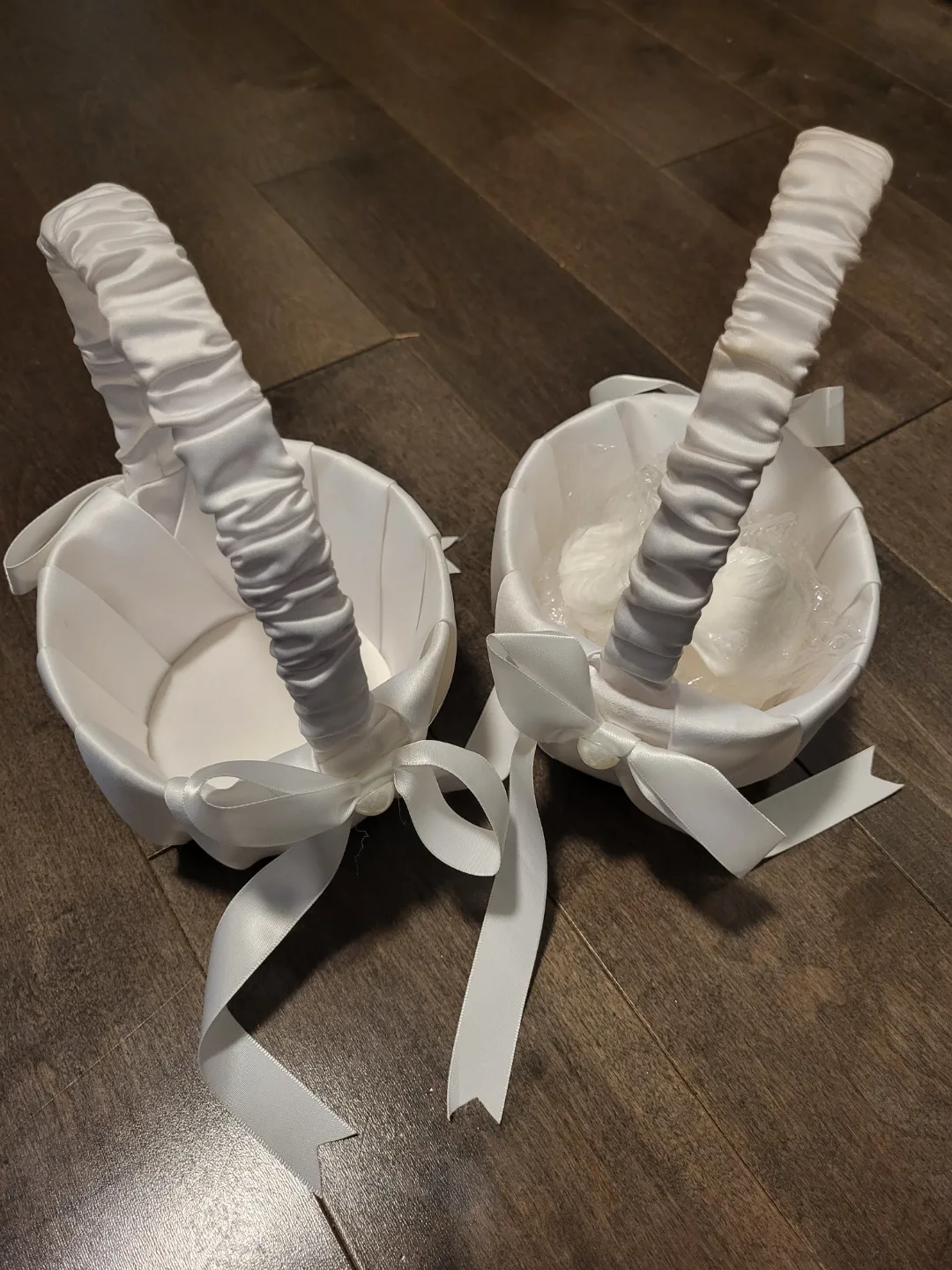 White Satin Flower Girl Baskets for Wedding (with white petals) thumbnail