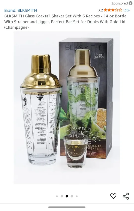 (NEW)BLKSMITH  Glass Cocktail Shaker with Gold Lid & Recipes image indicator(3)