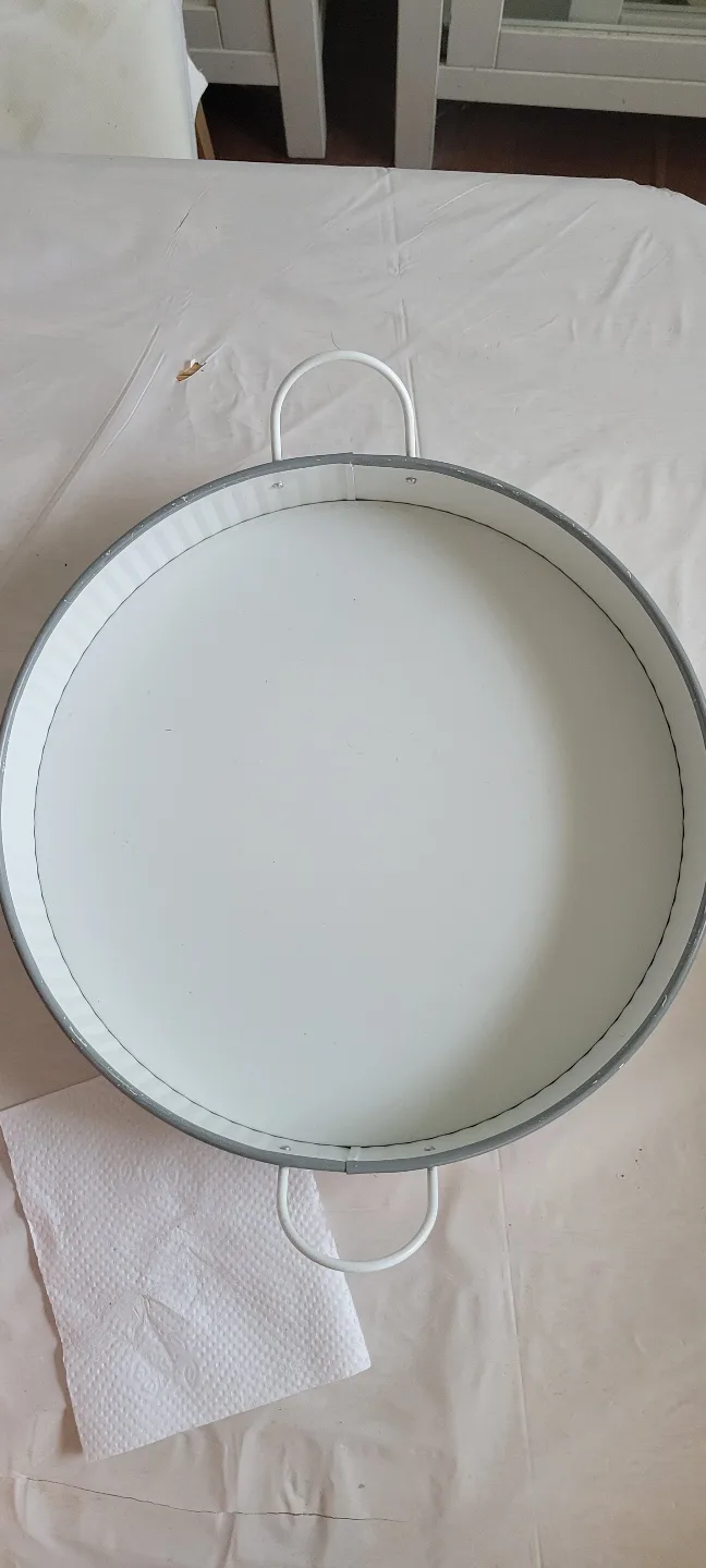 White Metal Serving Tray with Handles thumbnail