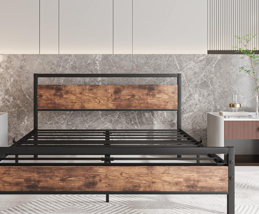 Queen Metal Bed Frame with Wooden Headboard