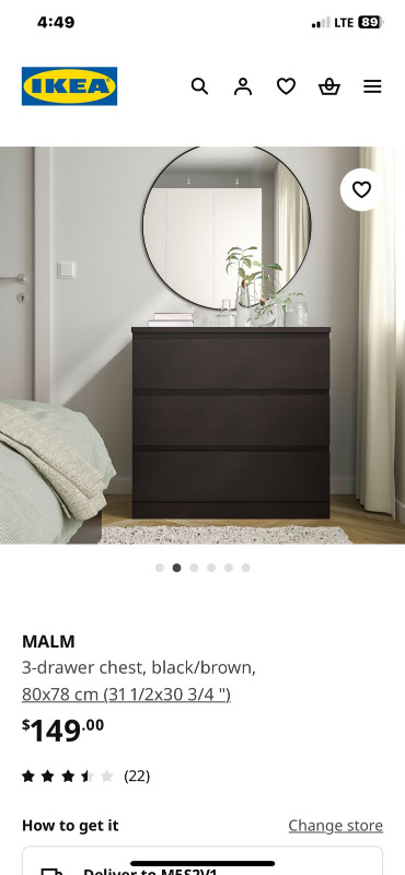 IKEA MALM 3-Drawer Chest - Black-Brown