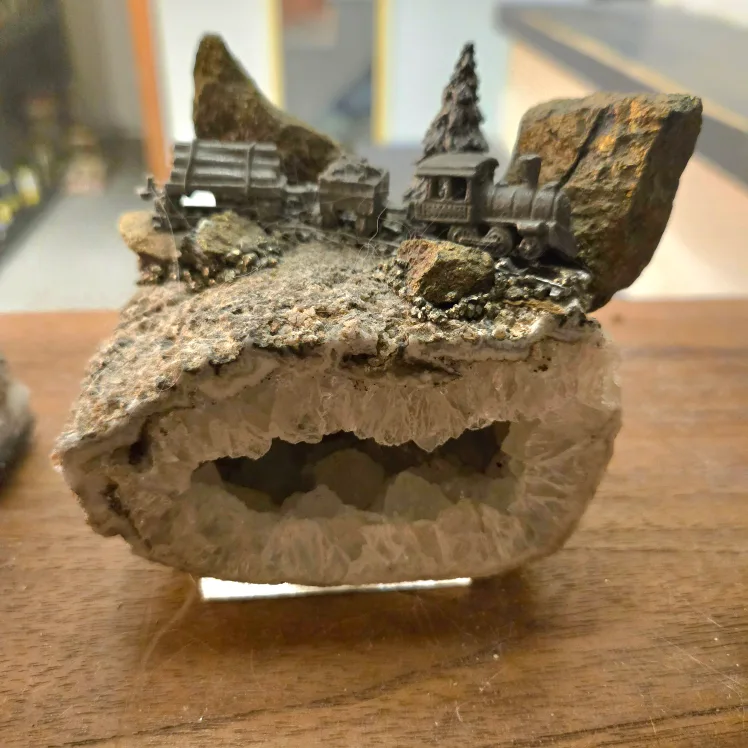 Miniature Pewter Train on Geode Rock thumbnail