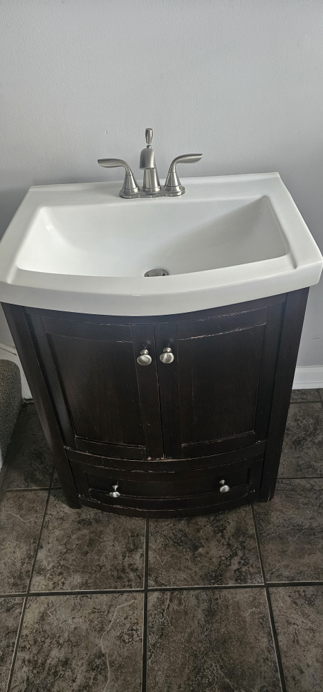 Dark Brown Bathroom Vanity with White Sink