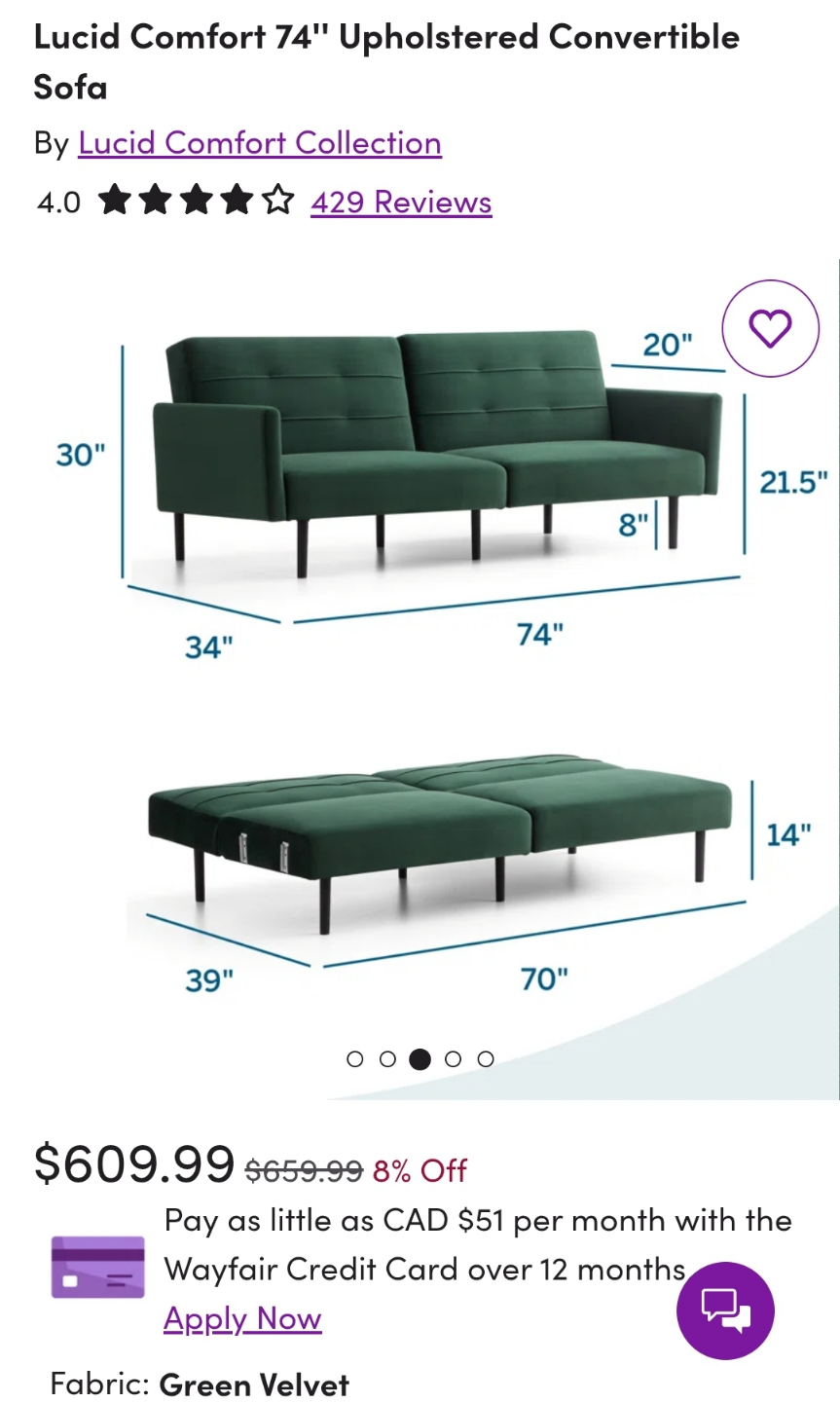 Lucid Comfort 74" Green Velvet Convertible Sofa - photo 5