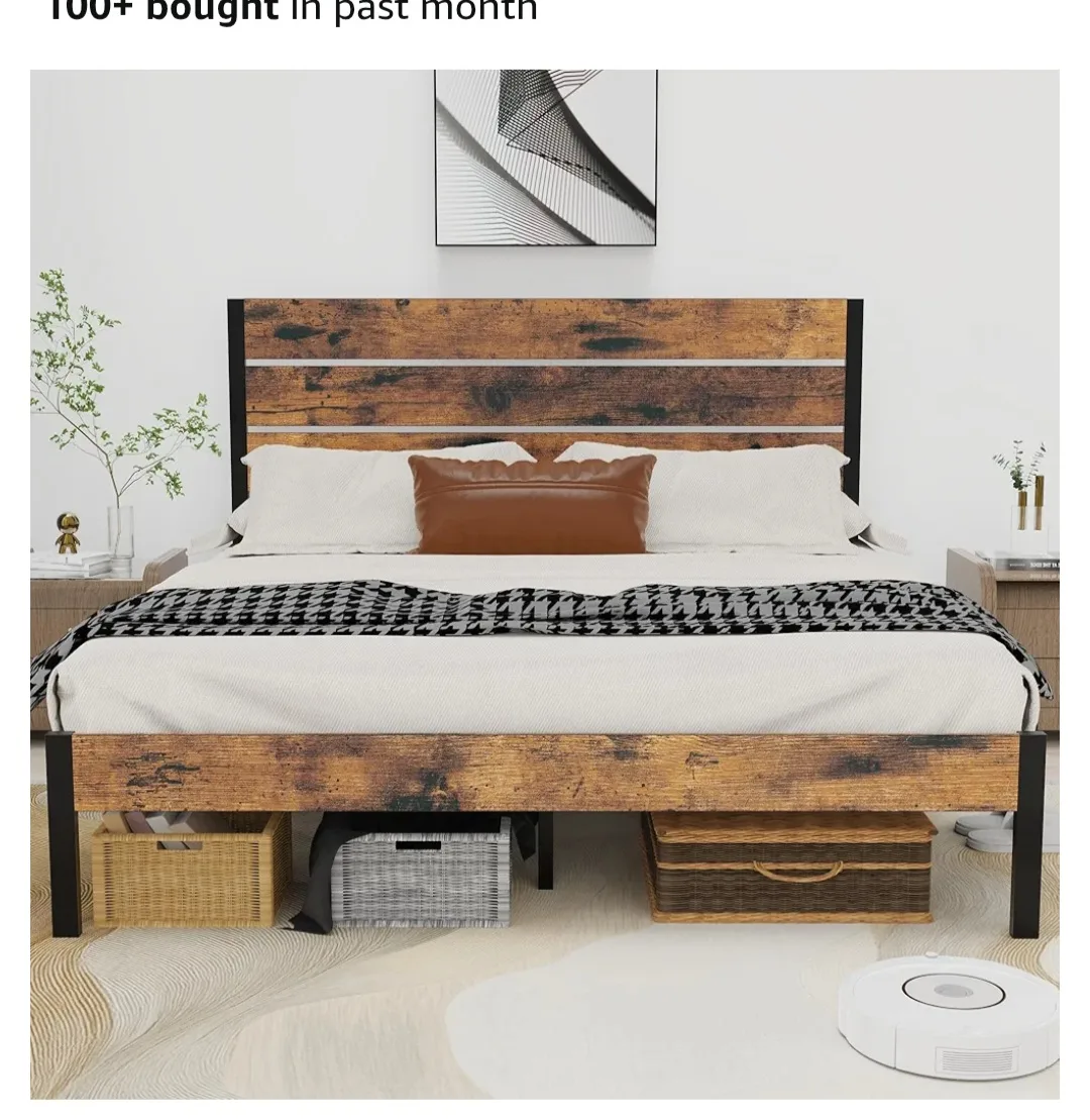 Queen Size Metal Platform Bed Frame with Wooden Headboard thumbnail