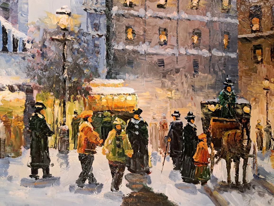 30.5"x43" Framed Oil Painting of Snowy European Street Scene image indicator(3)