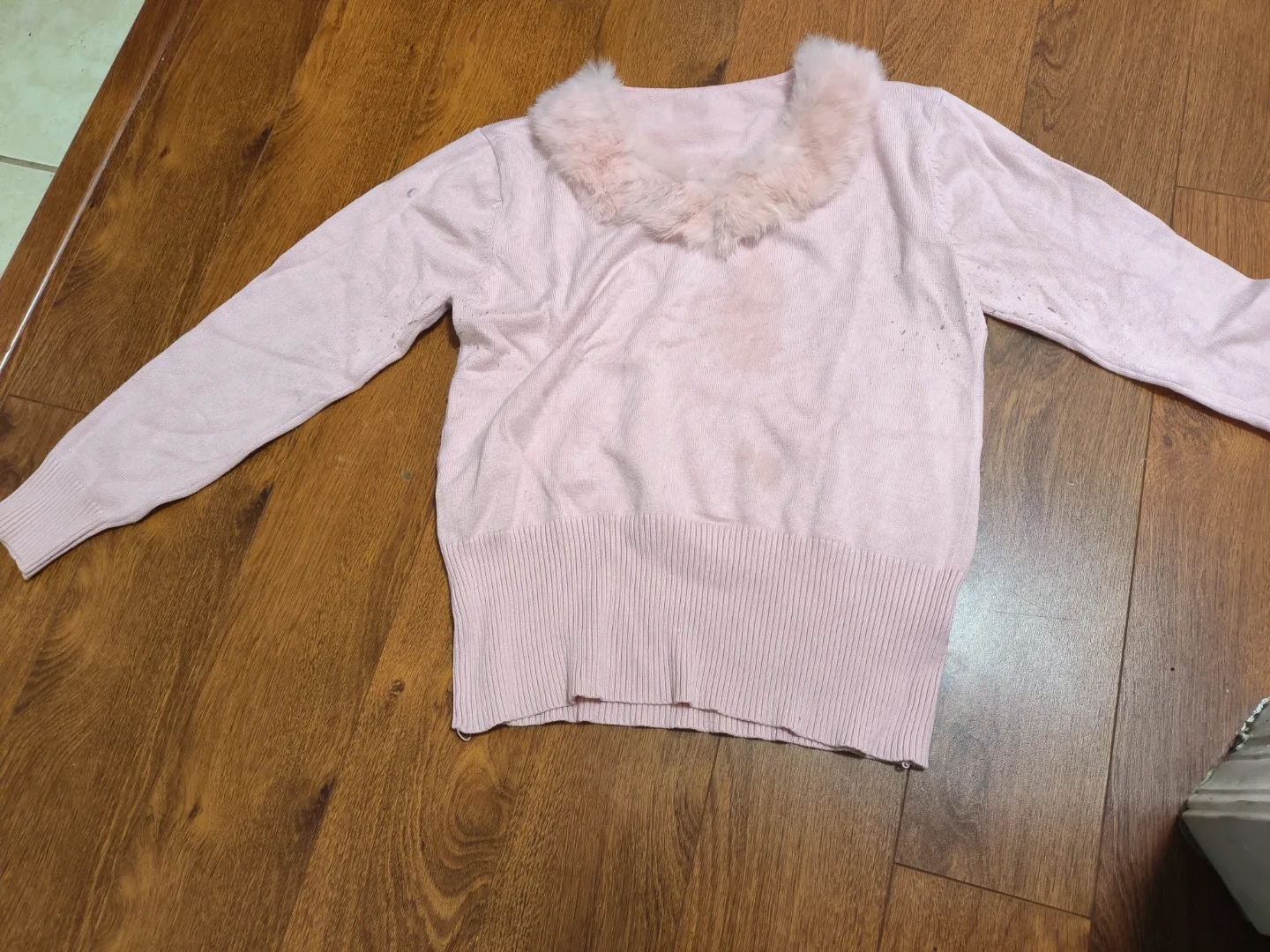Pink Knit Sweater with Faux Fur Collar - Girls Size Medium thumbnail