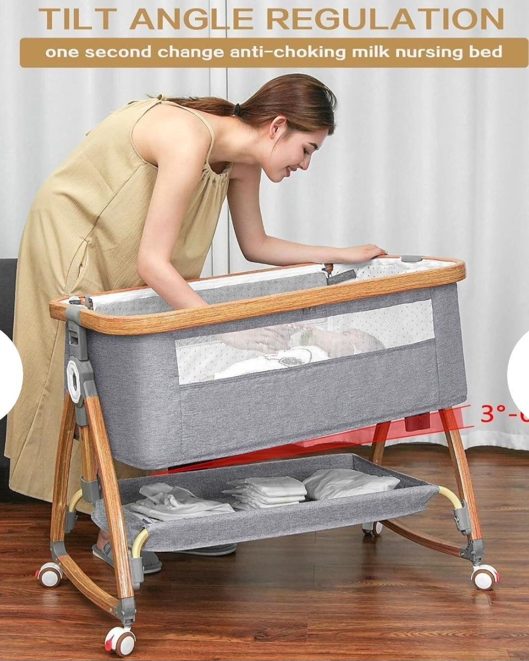 Mereryi Baby Bassinet - Grey with Wooden Frame - photo 4