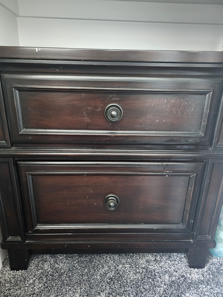 Dark brown bedroom set - dresser, mirror, and bed frame - photo 2