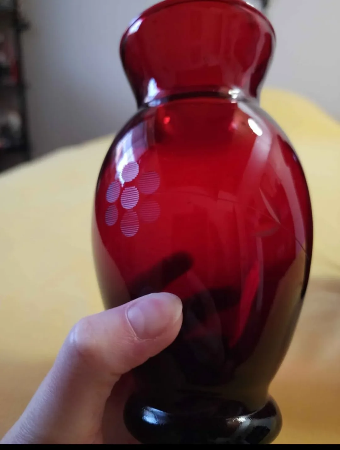 Pair of Vintage Ruby Red glass vases with etched floral design image indicator(6)