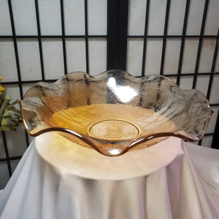 Vintage Amber Glass Bowl with Floral Pattern thumbnail