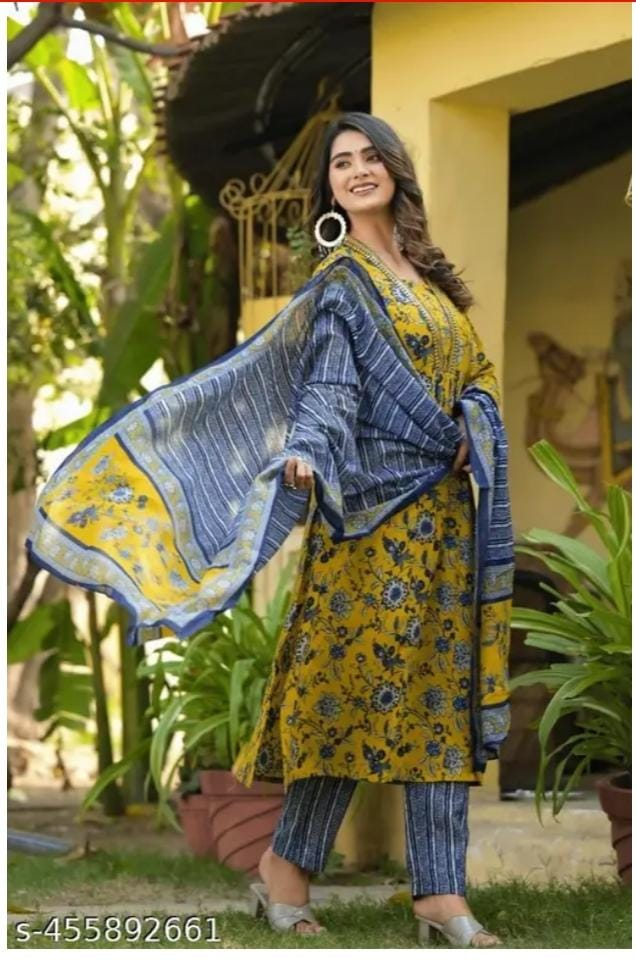 Mustard Yellow and Blue Floral Printed Kurta Set with Dupatta