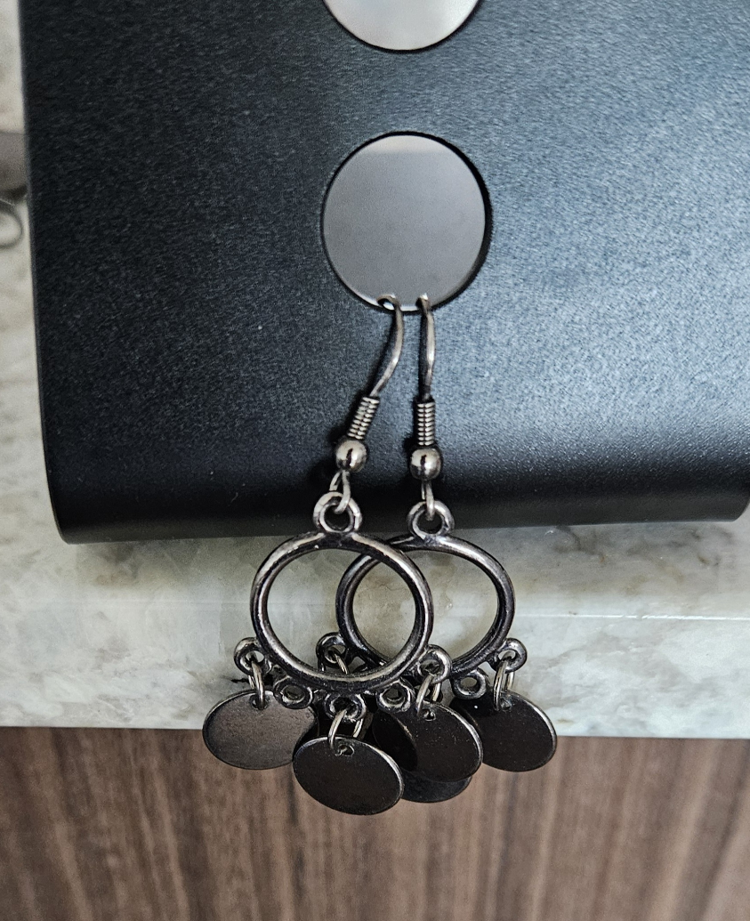 Gunmetal Grey Circle and Disc Drop Earrings