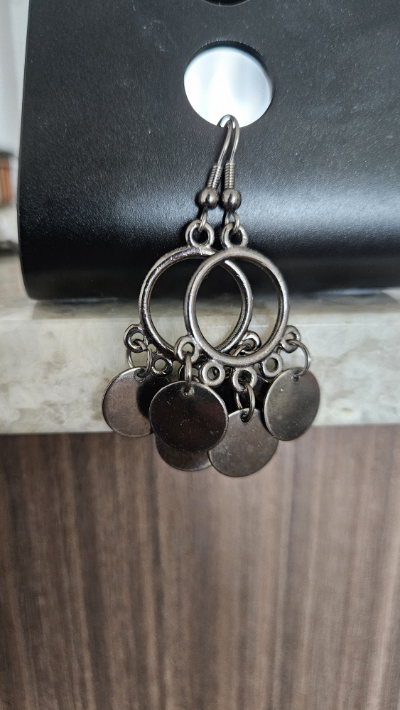 Gunmetal Grey Circle and Disc Drop Earrings - photo 3