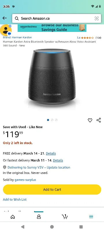 Harman Kardon Astra Bluetooth Speaker with Alexa thumbnail