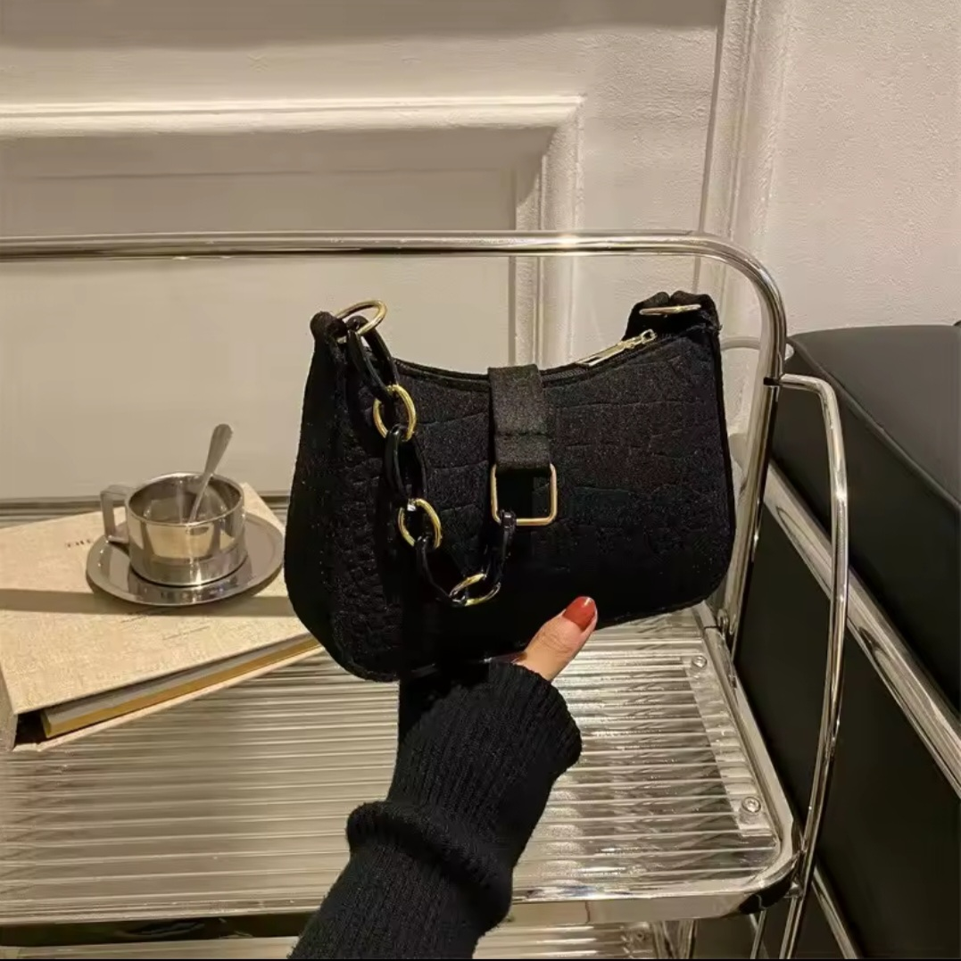 Black Croc-Embossed Baguette Shoulder Bag with Gold Chain
