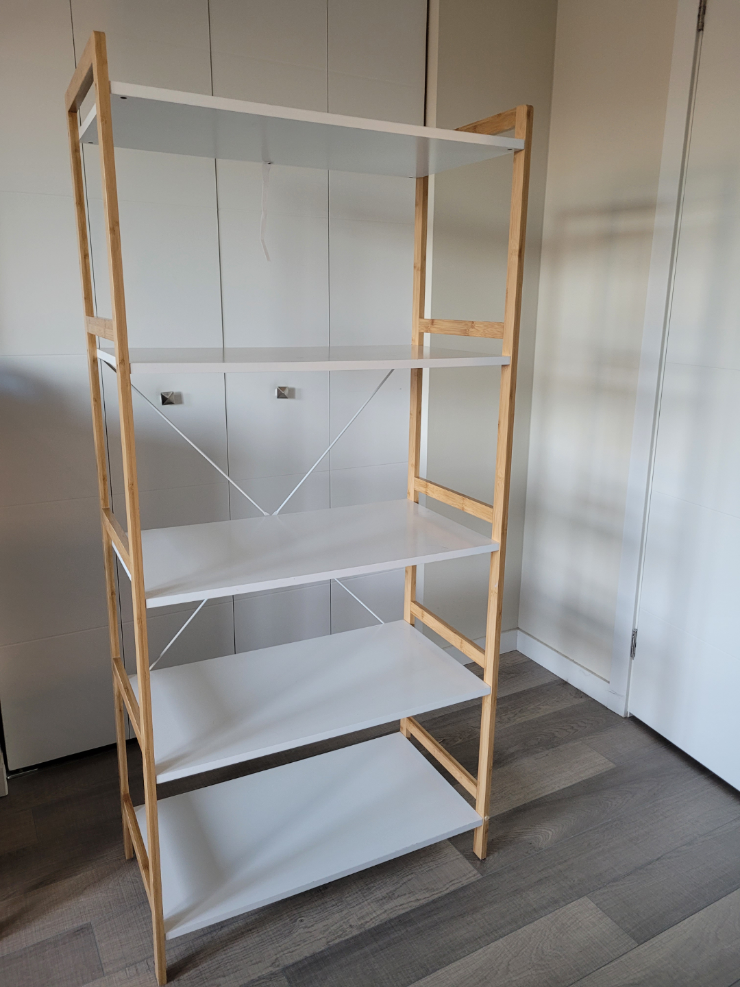 Five-shelf Bamboo and White Shelving Unit