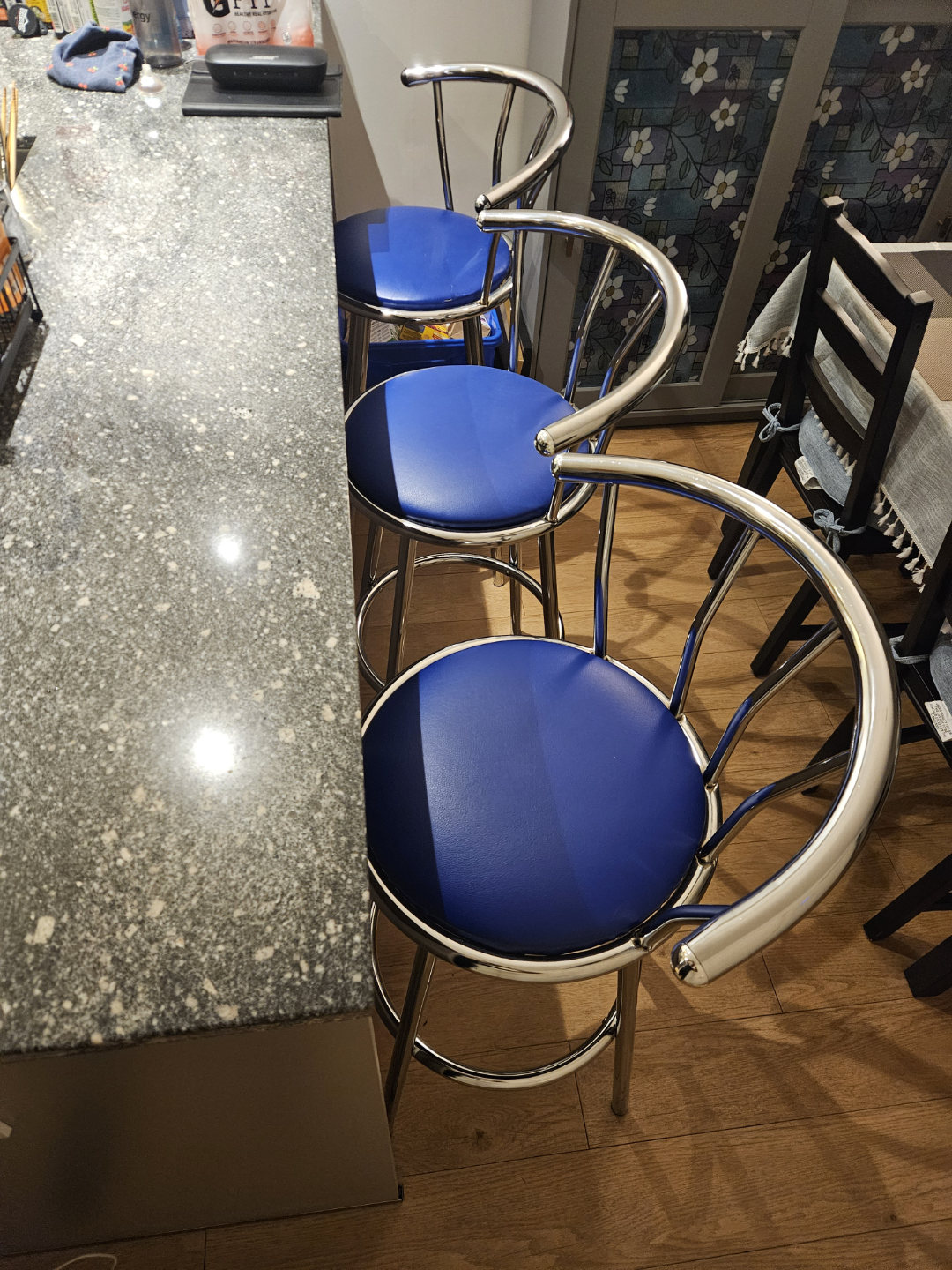 Set of Three Chrome and Blue Bar Stools - photo 2