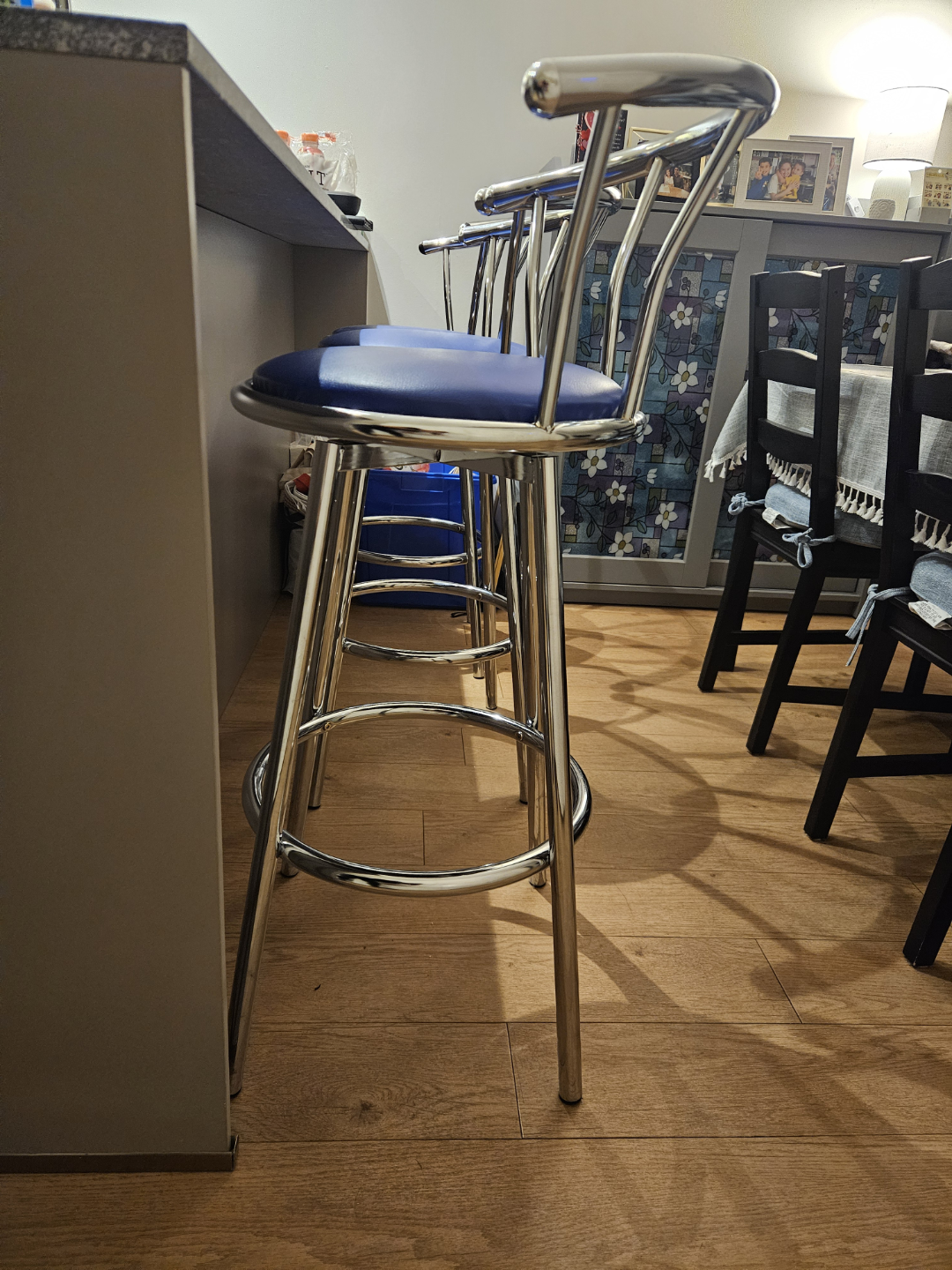 Set of Three Chrome and Blue Bar Stools - photo 3